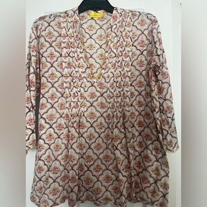 Roller Rabbit Pink & White Bohemian 3/4 Sleeve Tunic Top, Size Medium